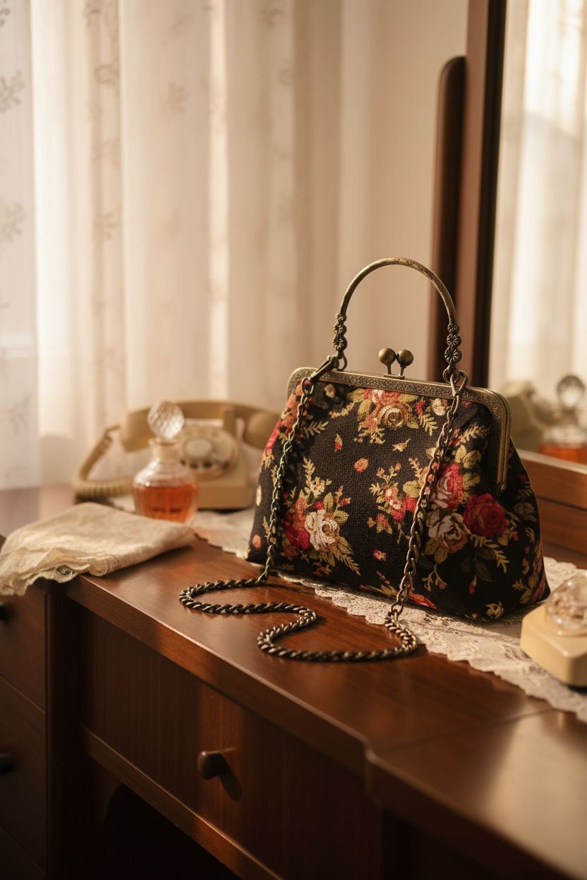 Nostalgic 1960s setting with Abuyall black floral kiss-lock purse on a mid-century vanity, exuding vintage charm.
