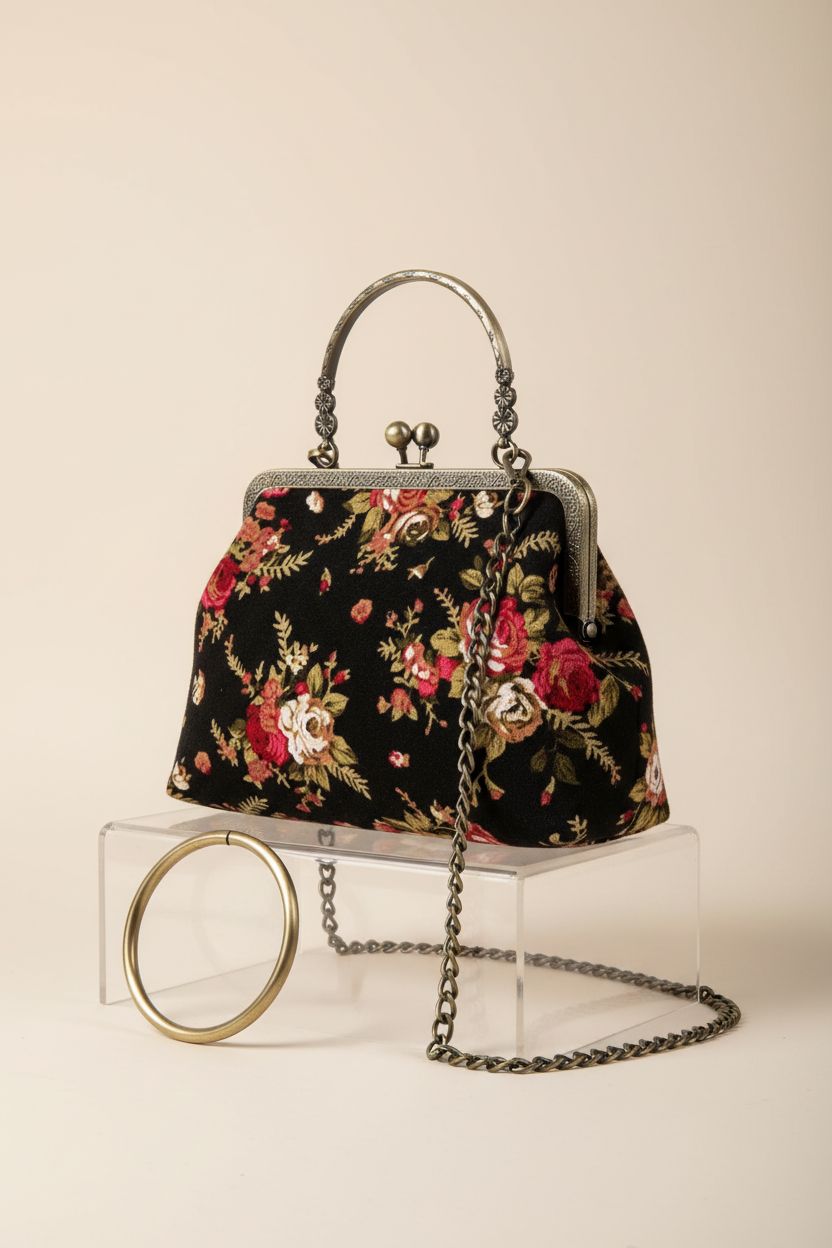 Abuyall black floral kiss-lock purse with elegant design showcased on a minimalist pedestal, highlighting craftsmanship.