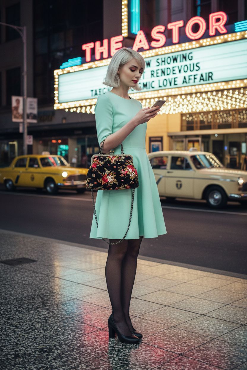 Abuyall vintage floral kiss-lock purse showcased at a retro cinema, perfect for stylish evenings.