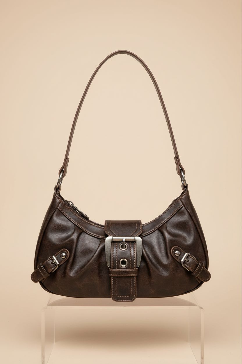 Close-up of Verdusa brown crescent bag highlighting faux leather and buckle details