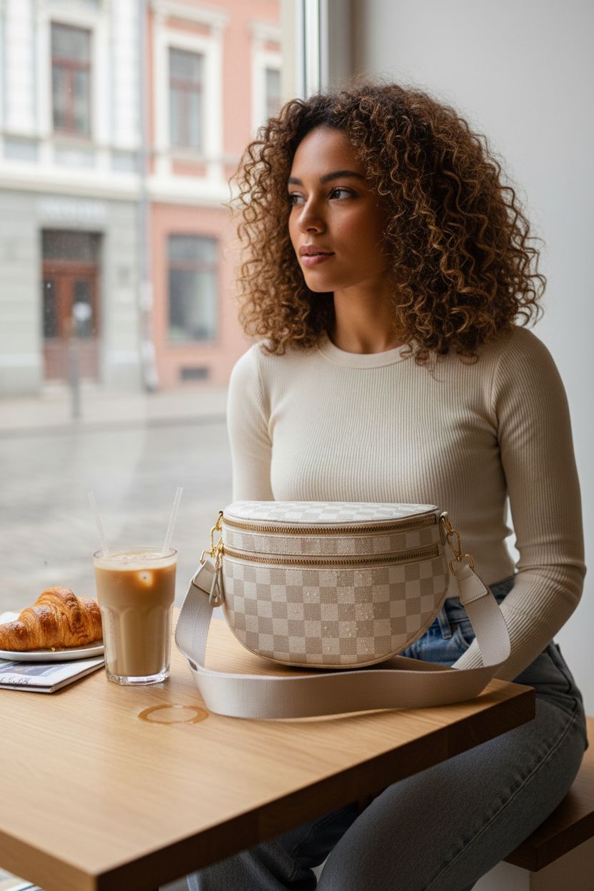 Hibear checkered crossbody bag beside iced latte and croissant in a cozy café setting