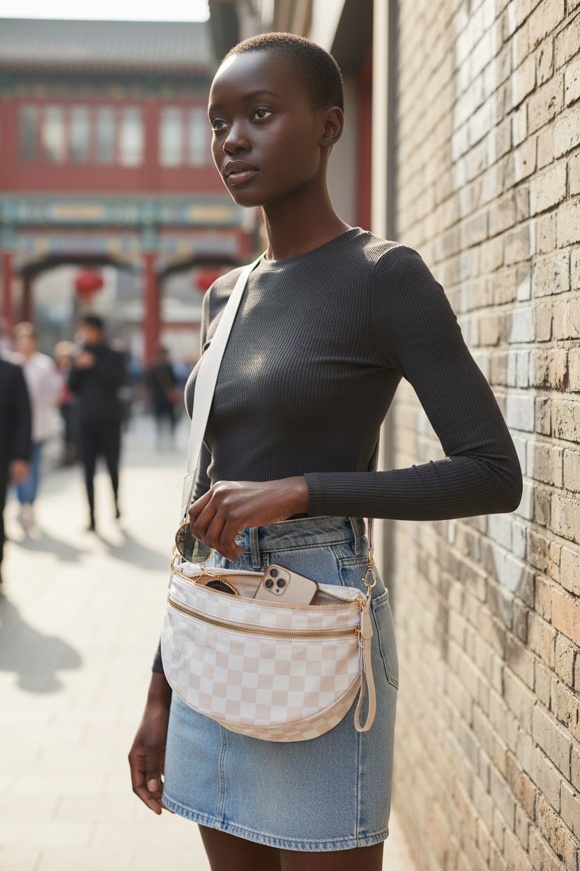 Hibear checkered crossbody bag unzipped, showcasing spacious interior on trendy street