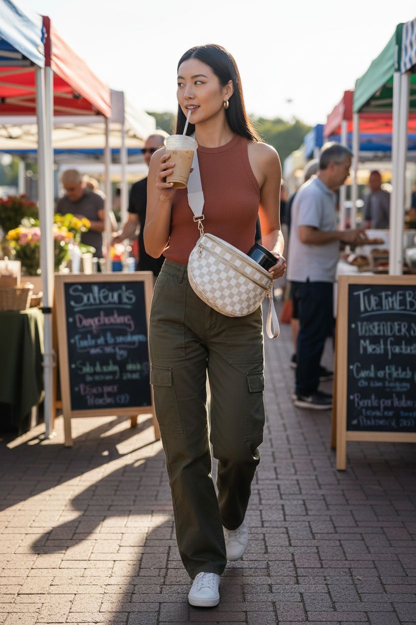 Hibear checkered crossbody bag in use at a farmers' market, holding iced coffee and essentials