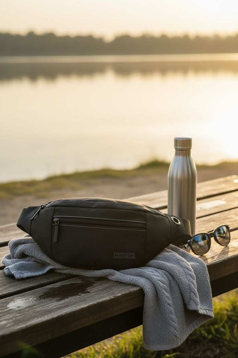 MAXTOP Waist Pack resting on a lakeside bench, perfect for post-run convenience.