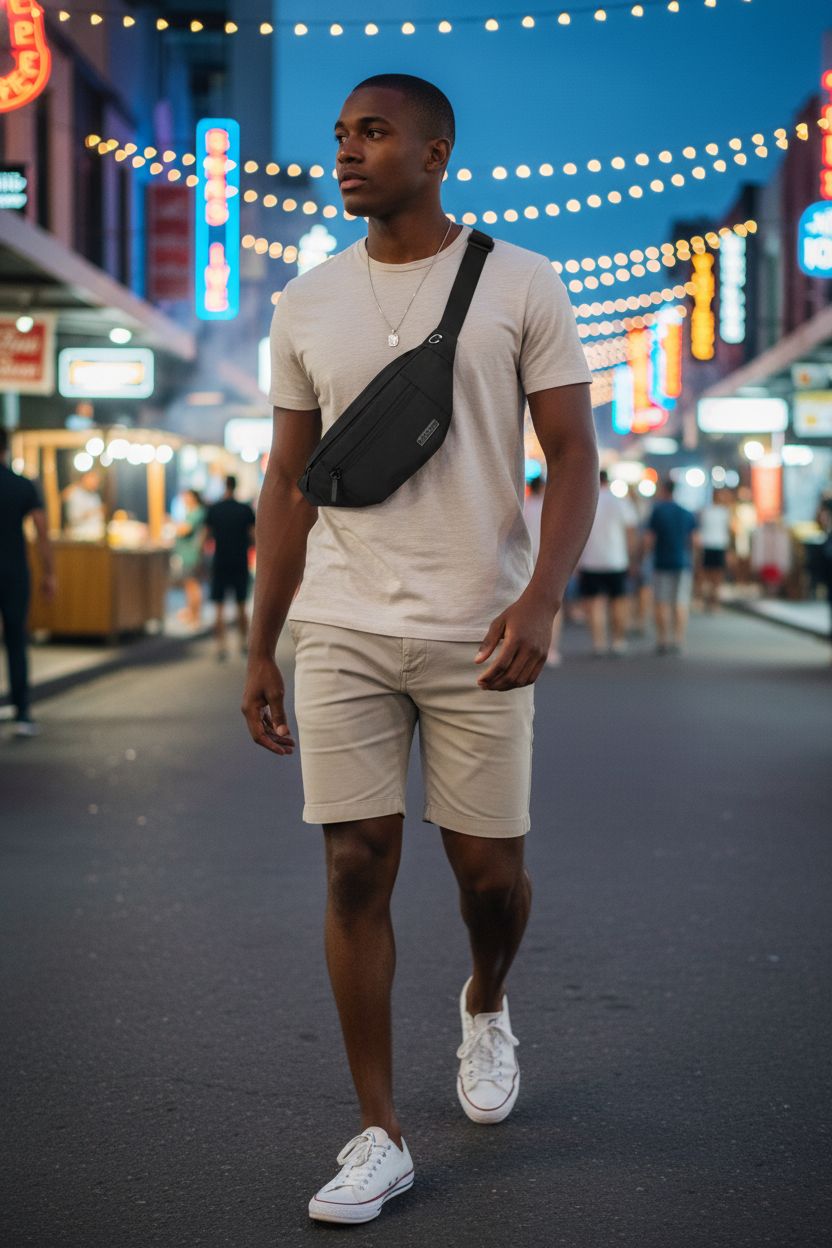 MAXTOP Large Crossbody Fanny Pack in hands-free style at a vibrant street festival.