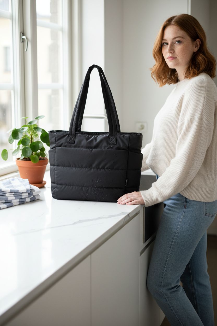 BAGSMART black tote bag on a white counter, showcasing its easy-to-clean fabric and chic design.