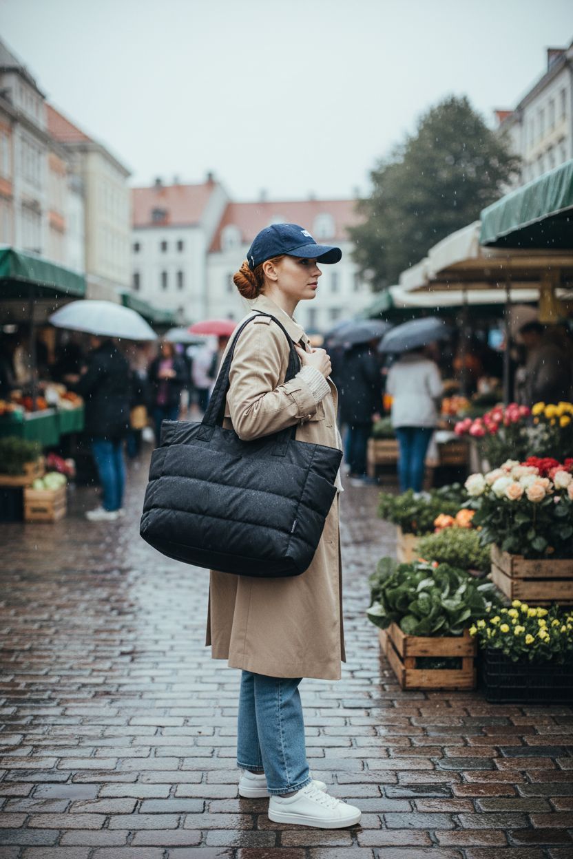 BAGSMART black puffy tote bag at a rainy farmer's market, showcasing its water-friendly fabric.