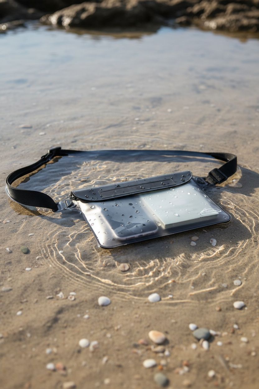 AiRunTech waterproof pouch floating in a tidal pool with sunlit textures, showcasing its durability.