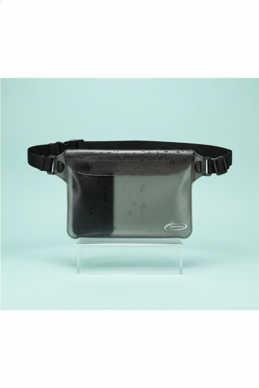 AiRunTech waterproof purse displayed on acrylic riser, highlighting its craftsmanship and features.