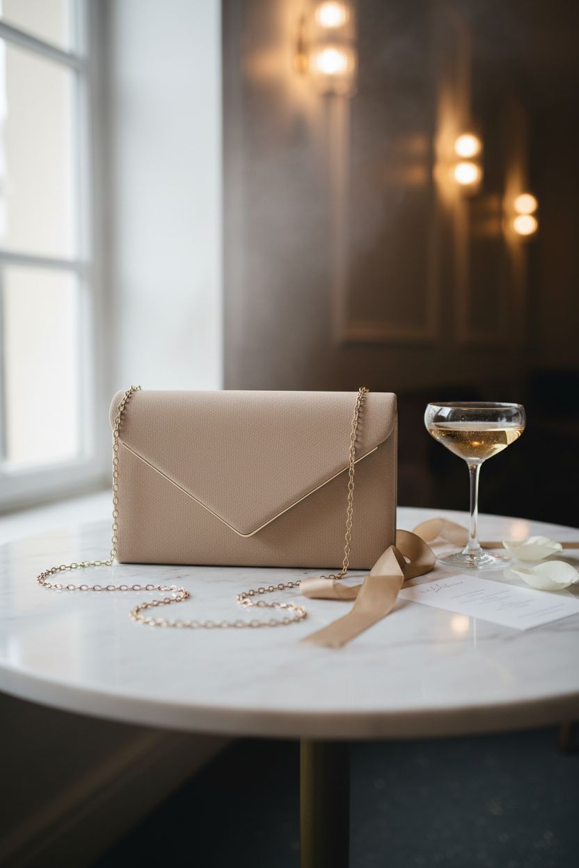 BBjinronjy taupe faux suede clutch on marble table, perfect for wedding receptions.