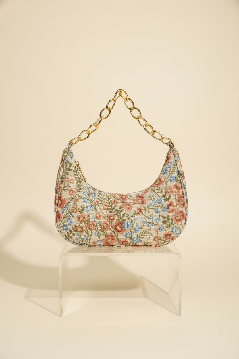Verdusa floral beaded crescent bag showcased on a minimal background, highlighting its design.