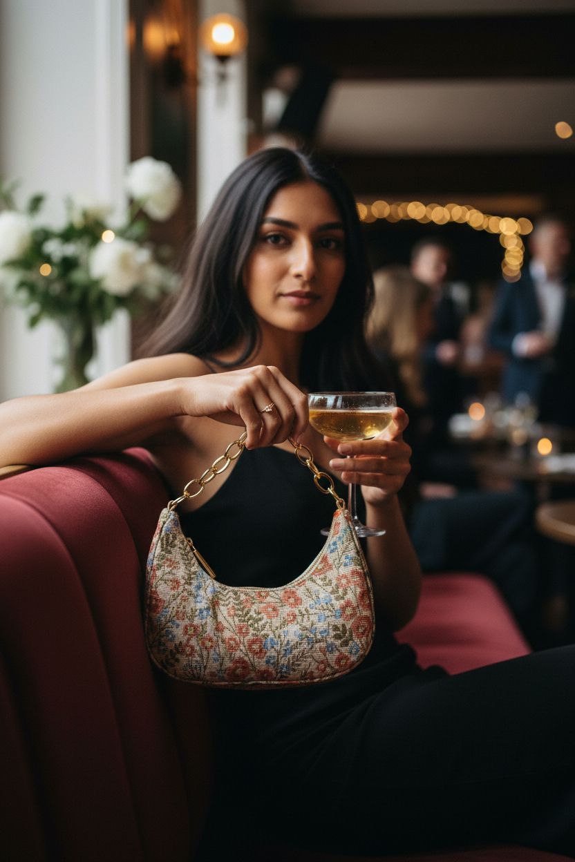 Verdusa women's beaded floral bag resting elegantly on a shoulder at a cocktail hour.