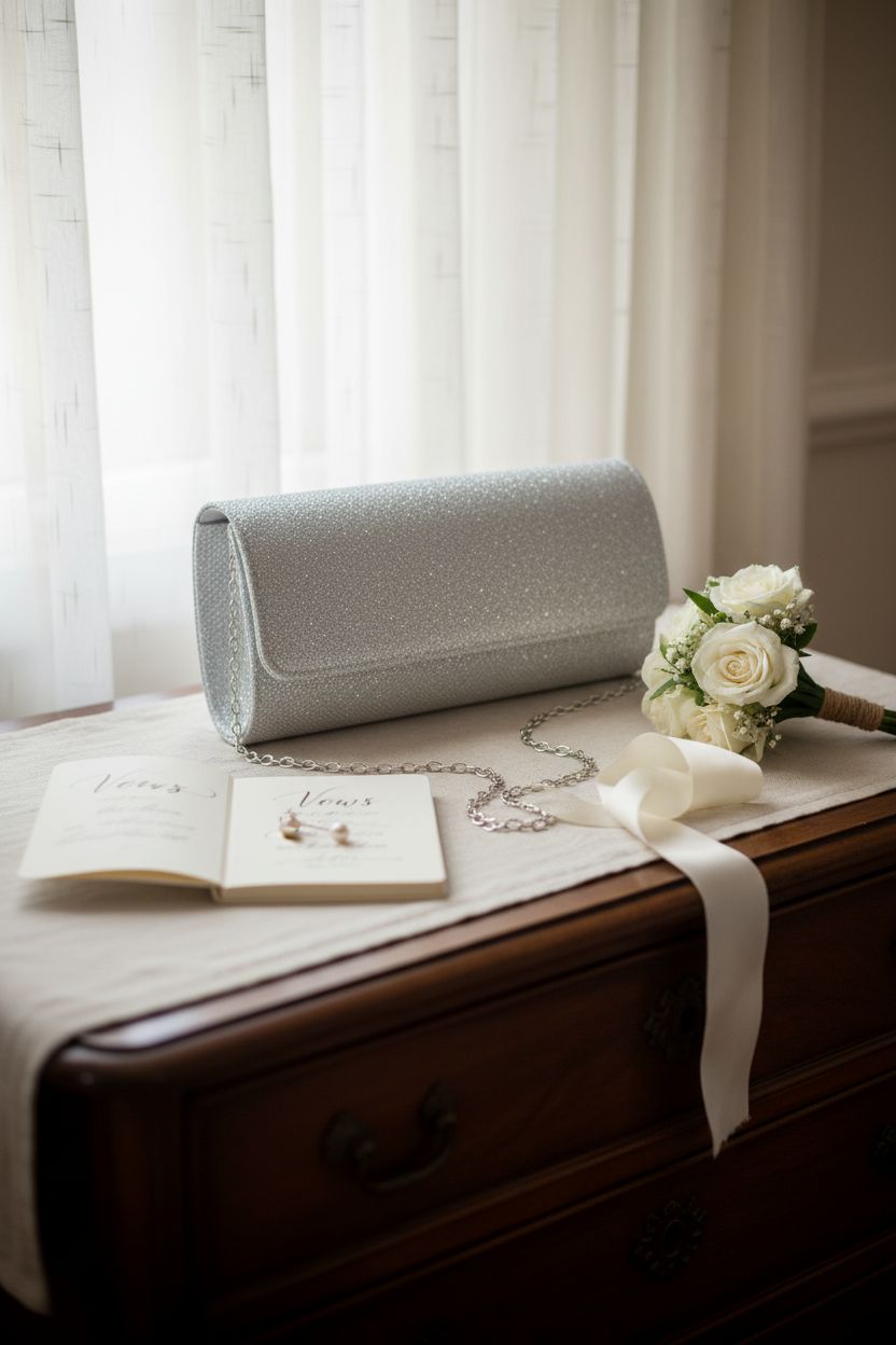 lovyoCoCo silver glitter clutch on a dresser with bridal accessories, capturing a calm wedding vibe.