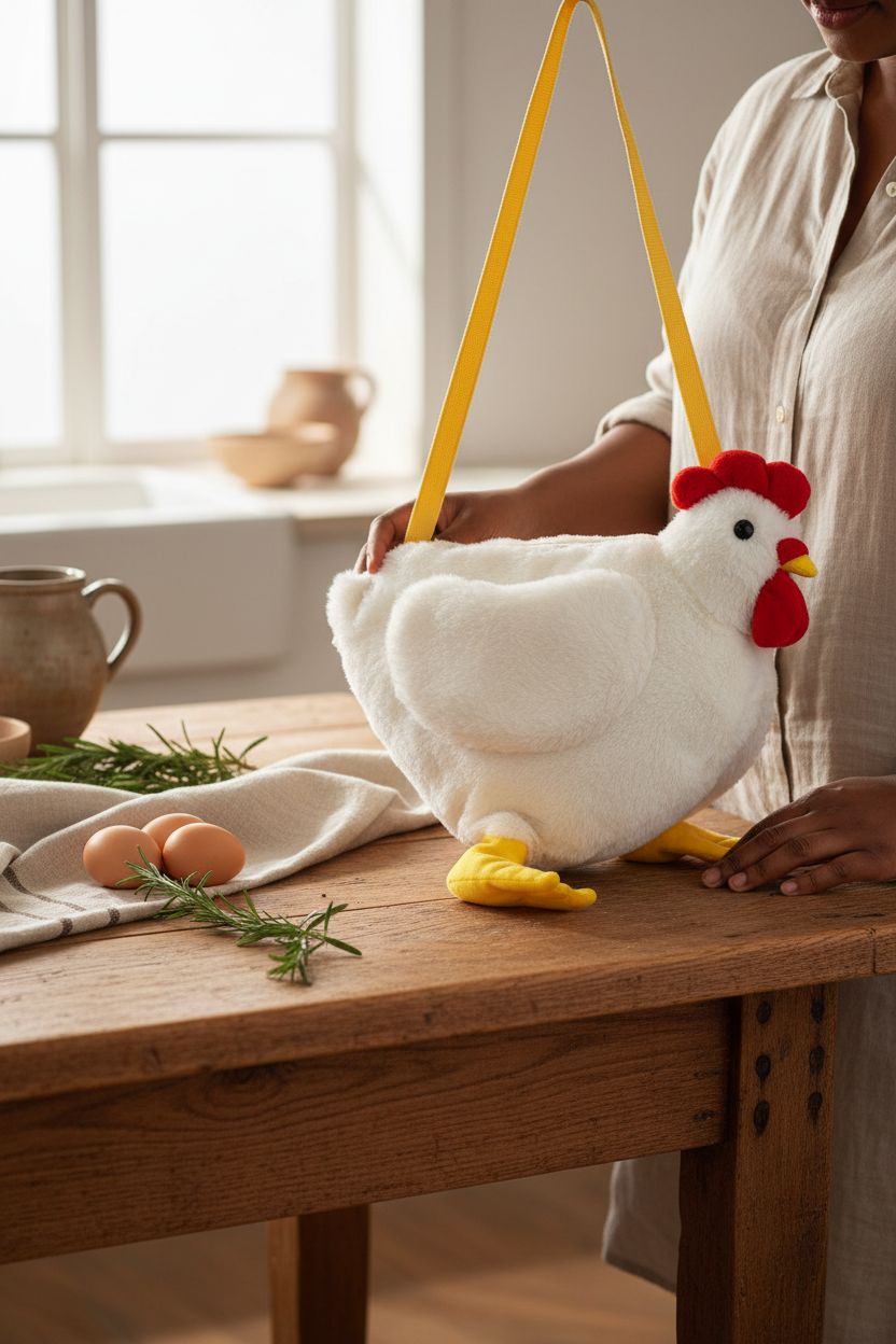 Saintrygo chicken bag displayed on a rustic kitchen table, adding charm to a cozy farmhouse setting