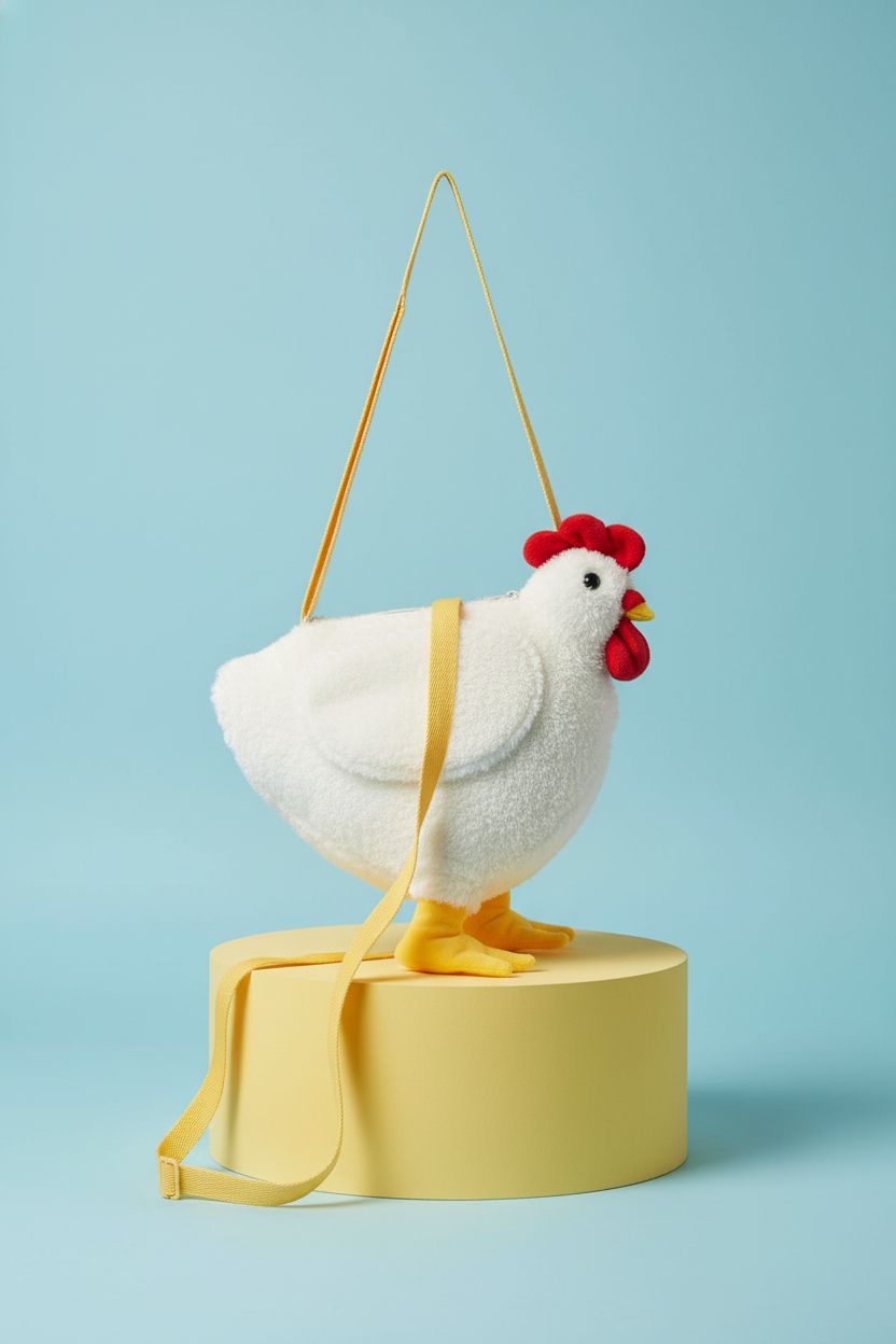 Saintrygo Chicken Hen Purse on a yellow plinth, showcasing its plush texture and playful design