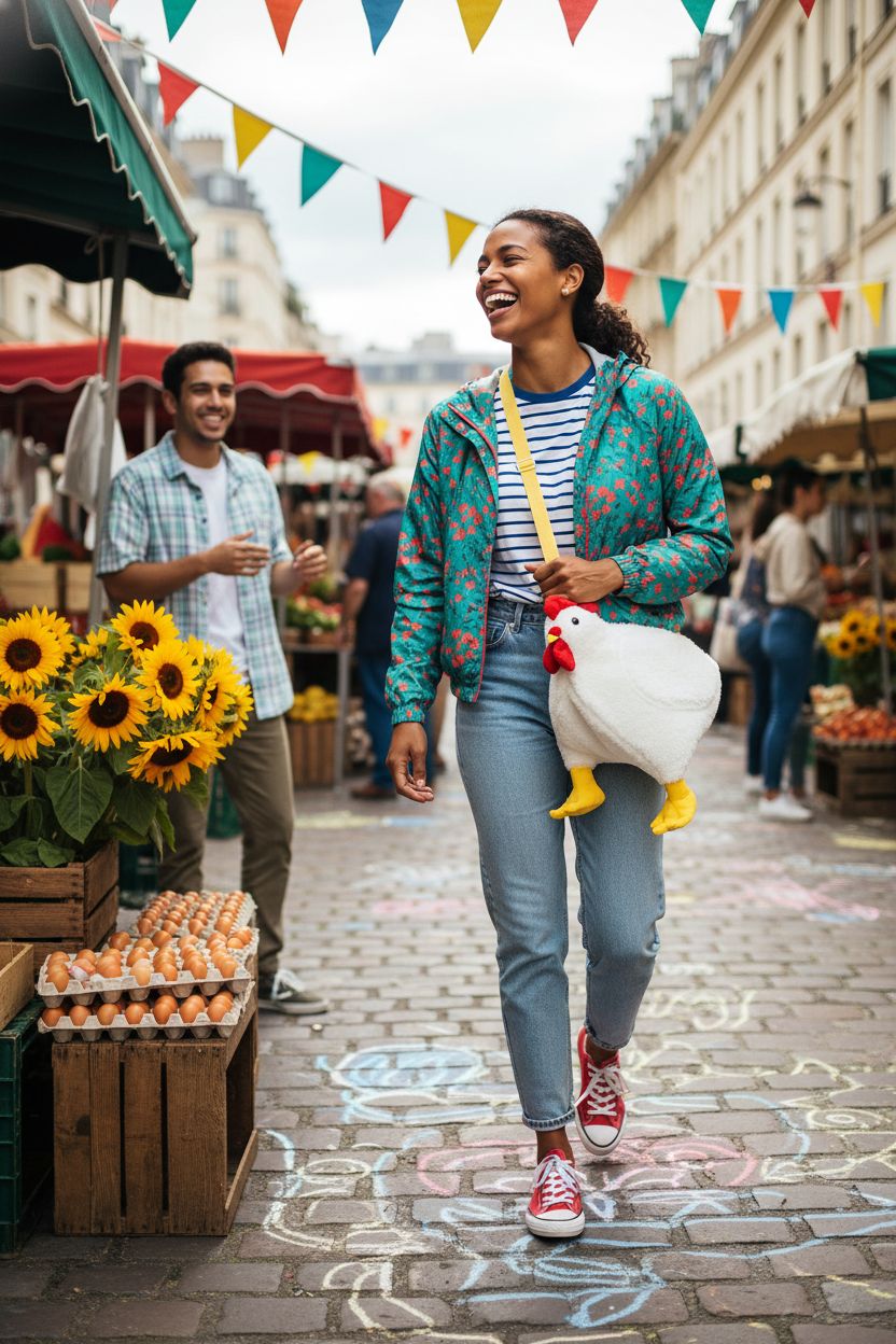 Saintrygo fluffy chicken bag swinging crossbody at a market, showcasing quirky style and fun