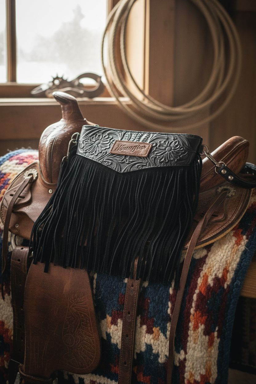 Wrangler Clutch Wristlet Fringe Purse resting on a Navajo saddle blanket in a tack room