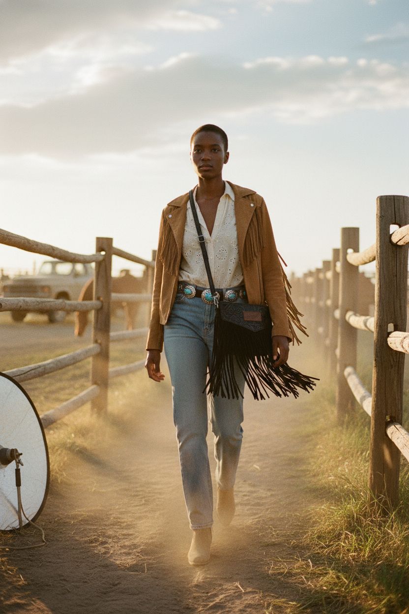 Wrangler Clutch Wristlet Fringe Purse displayed at a ranch with prairie grass and a rustic corral
