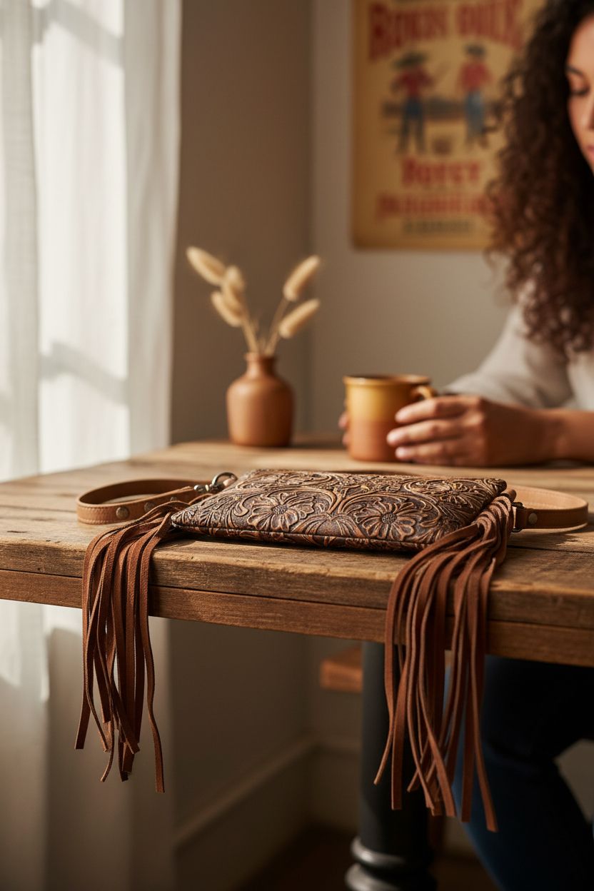 Montana West crossbody purse resting on a rustic table in a cozy café