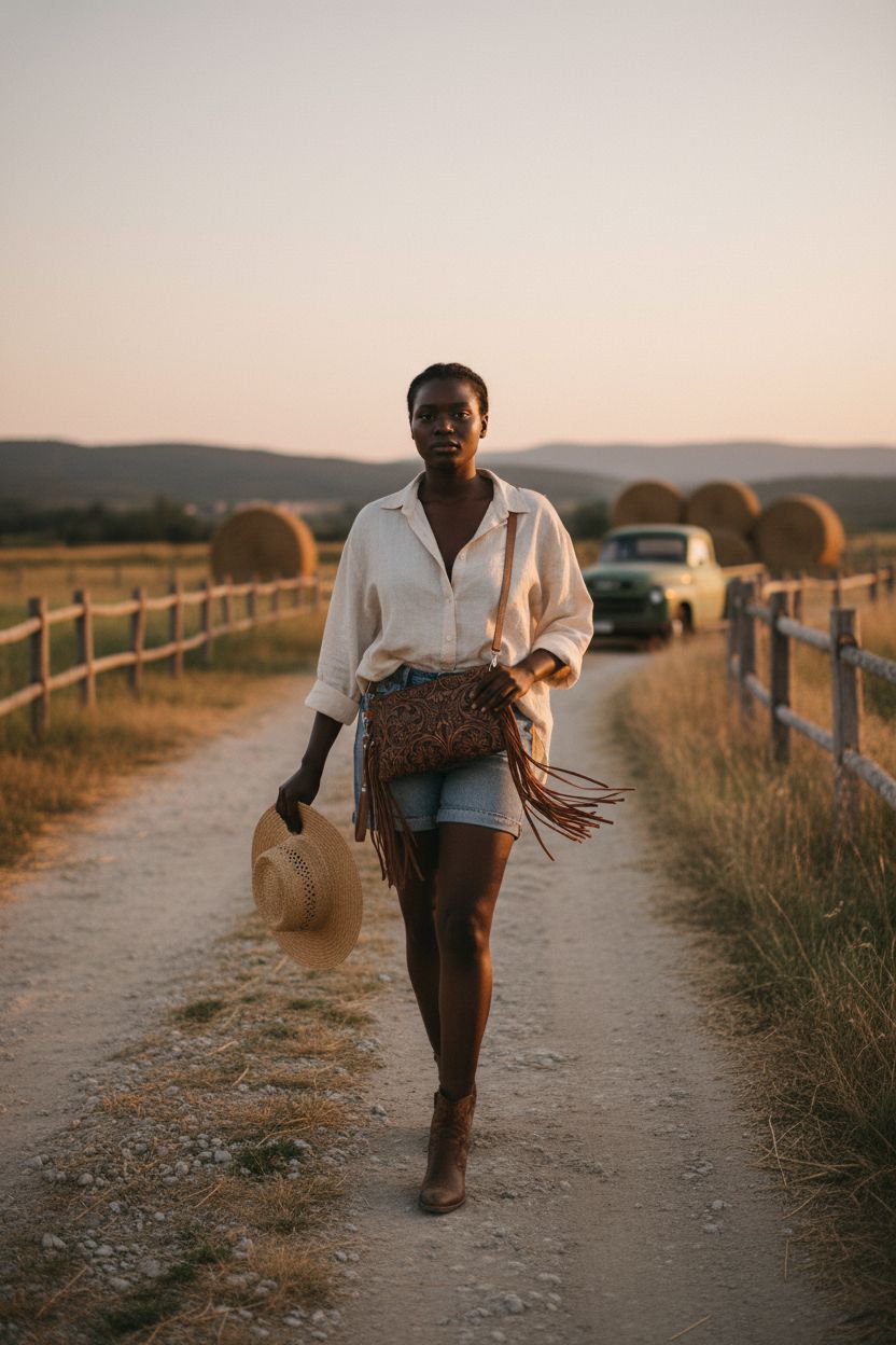 Montana West western crossbody purse with leather fringe on a ranch road at golden hour
