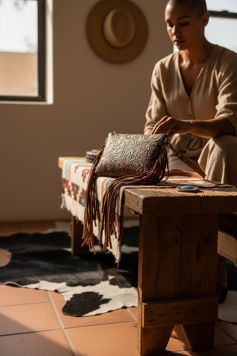 Montana West Crossbody Bag displayed in a cozy ranch-house entry nook