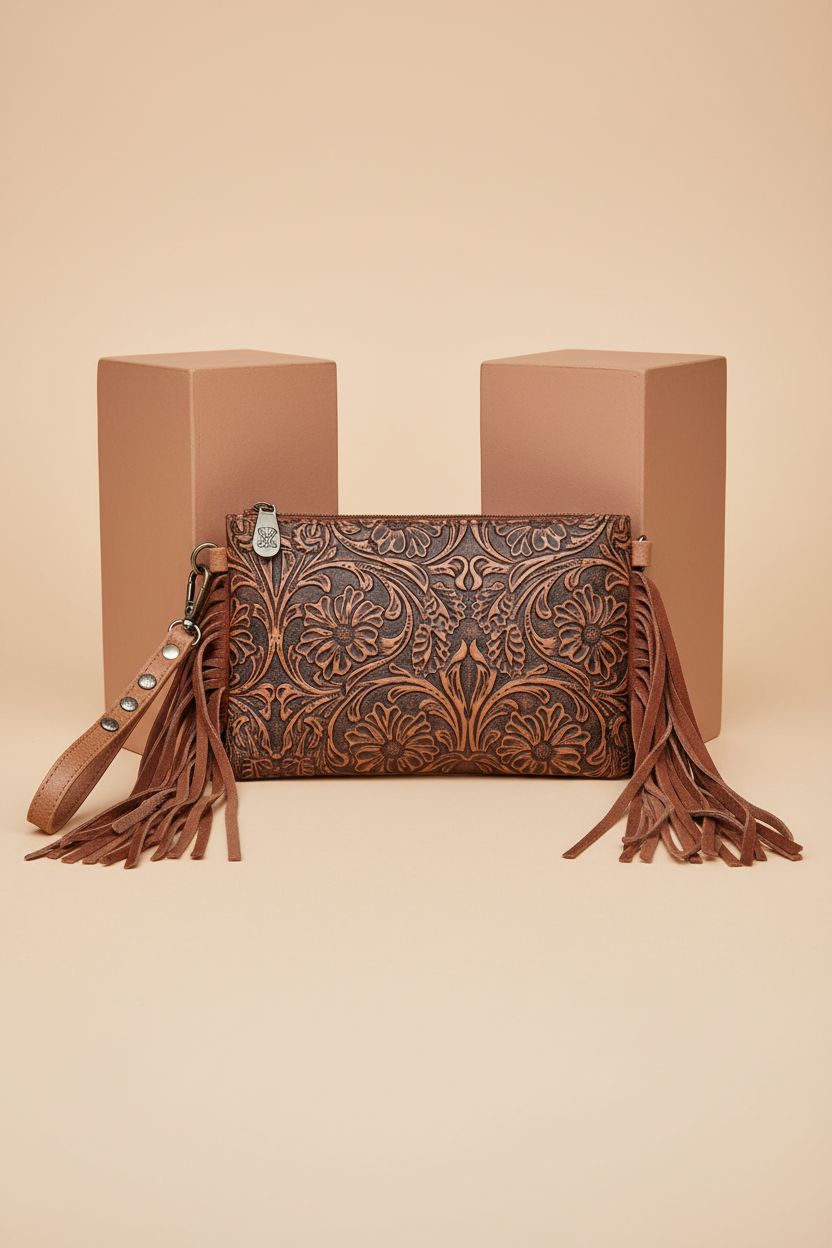 Montana West Mini Crossbody Bag with leather fringe on a bone-colored backdrop