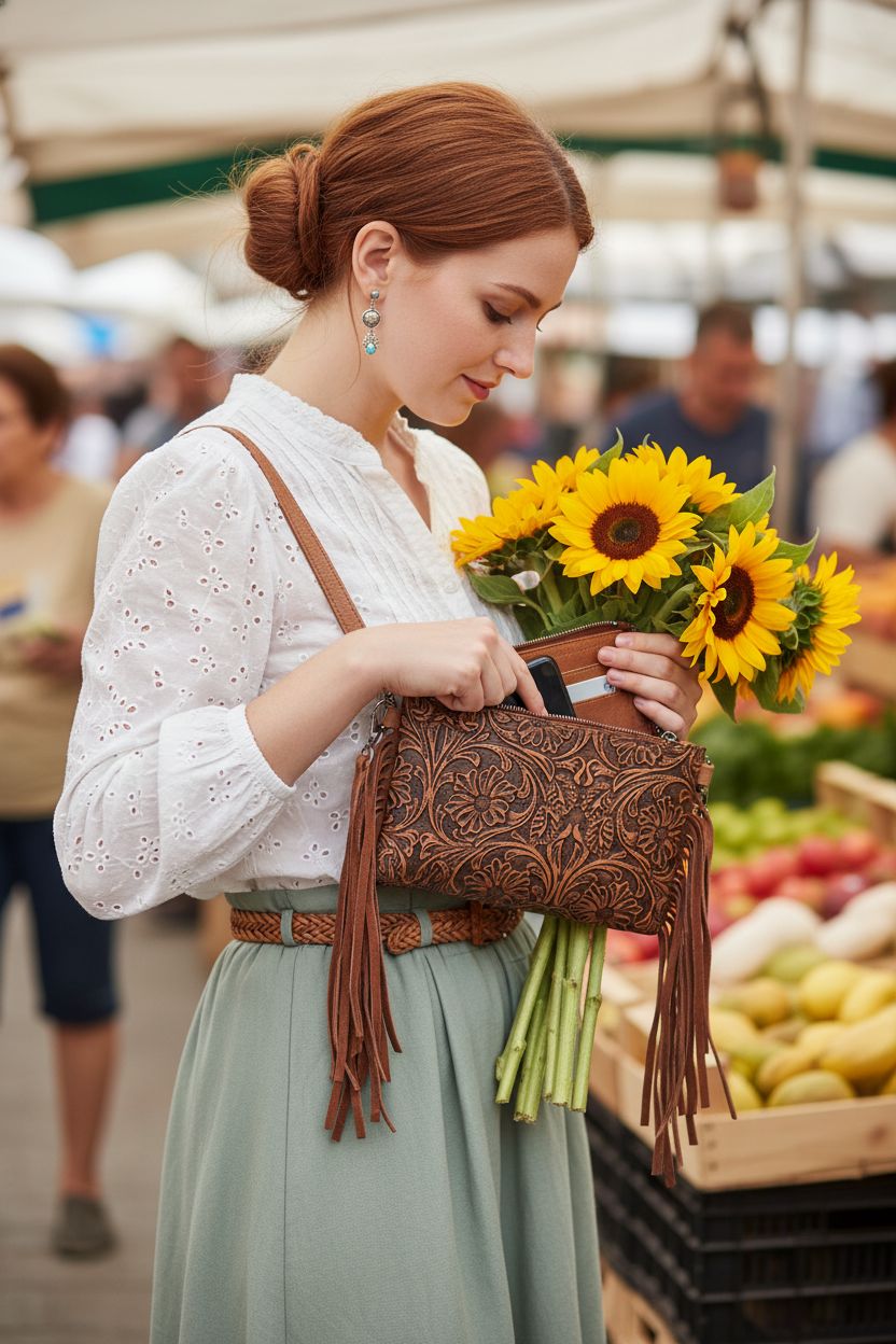 Montana West Mini Crossbody Bag in brown leather at a farmers' market setting