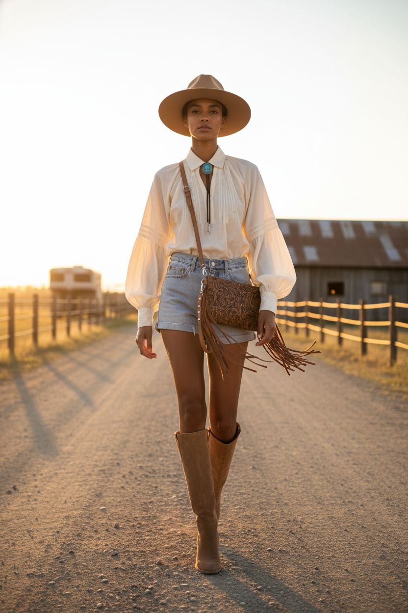 Montana West Crossbody Bag with fringe on a ranch road against a sunset backdrop