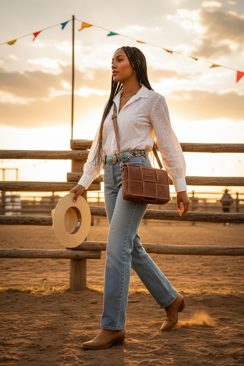 Western floral tooled leather purse by Montana West, styled against a rodeo backdrop.