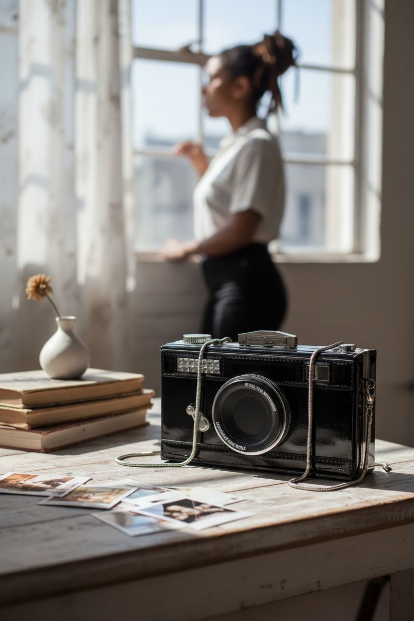 QZUnique camera purse resting on a sunlit table in an artist's loft