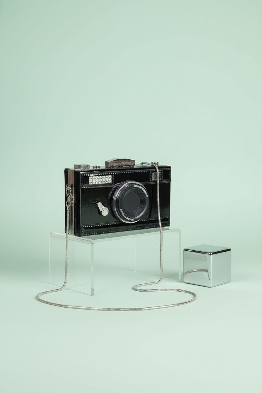 Elegant QZUnique camera-shaped purse on a mint backdrop with soft lighting