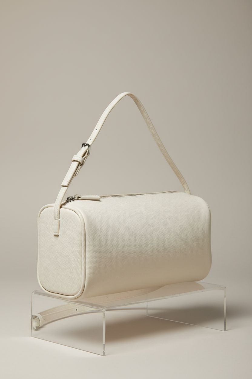 DONNAIN white leather crossbody purse on a studio backdrop, showcasing its elegant design and zipper details.