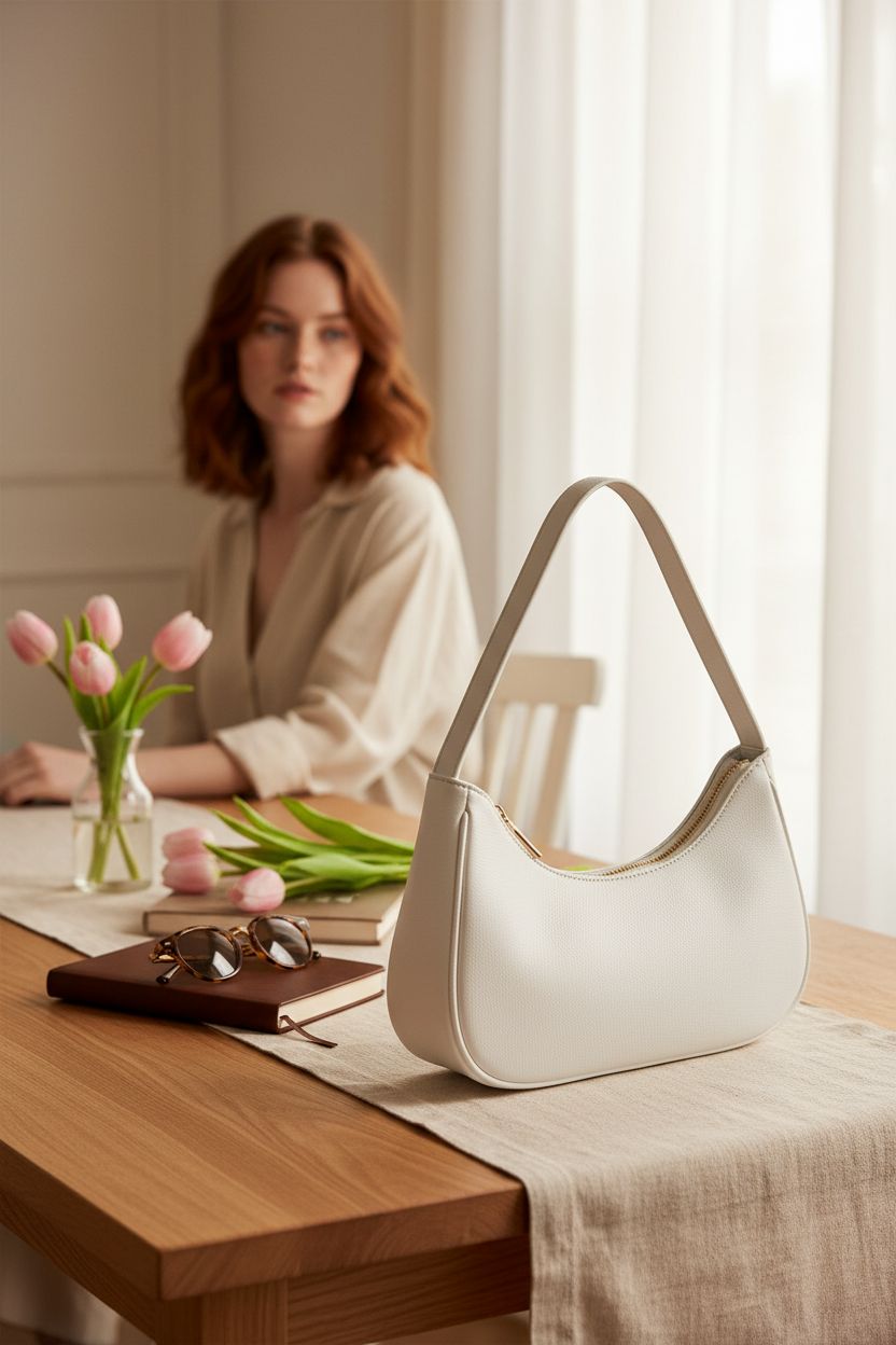 Elegant white mini hobo bag by WSRYDJDL on a table with flowers, perfect for a relaxed morning vibe.
