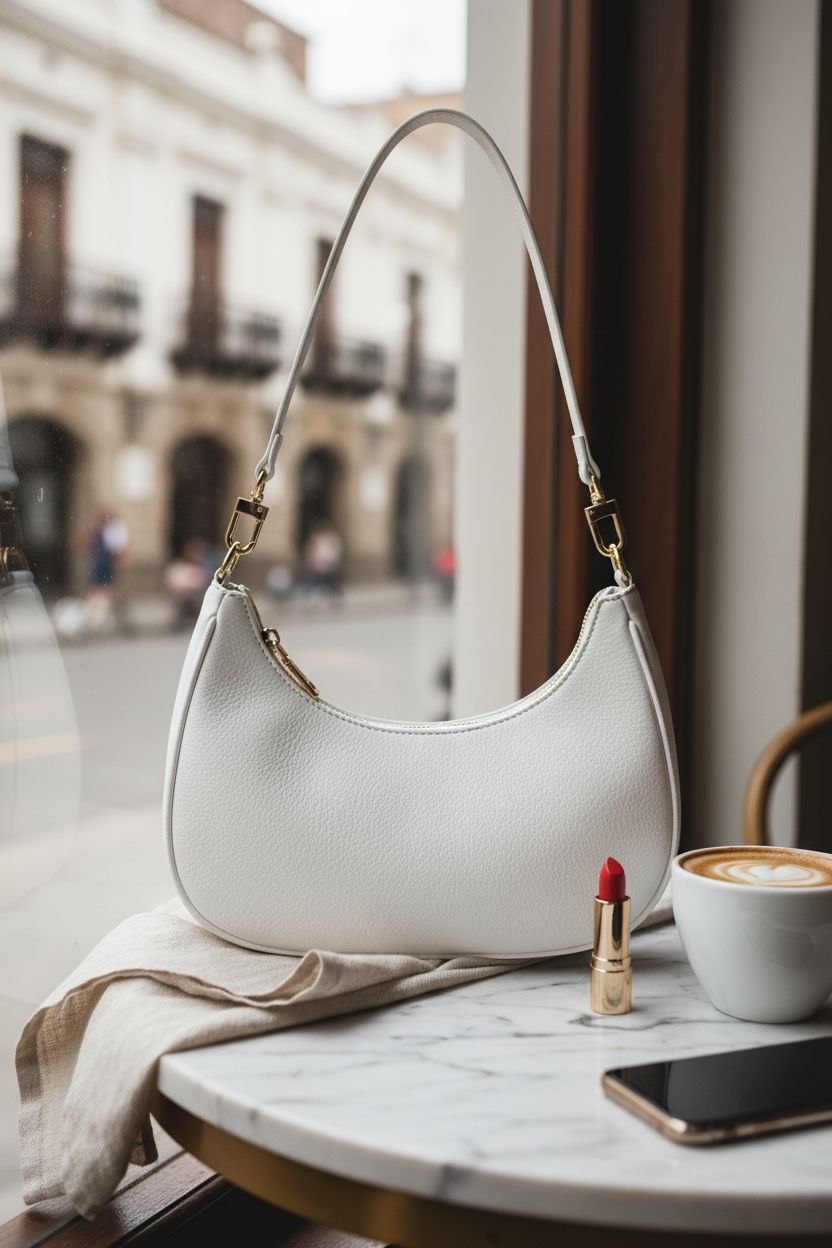 SYXLCYGJ white hobo purse resting on marble in a cozy café, perfect for a stylish break with coffee.