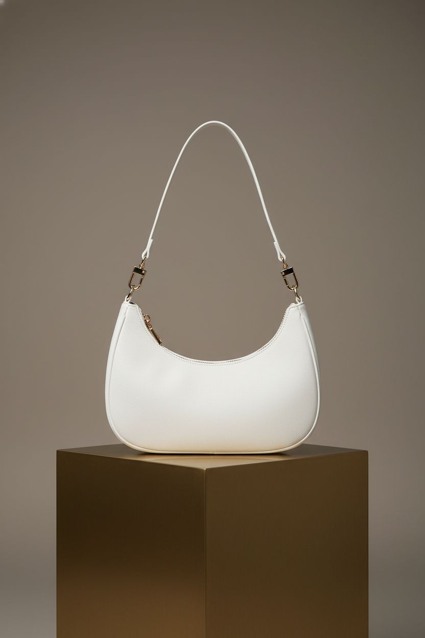 Close-up of SYXLCYGJ white hobo purse on a brushed-brass cube, highlighting its craftsmanship and design.