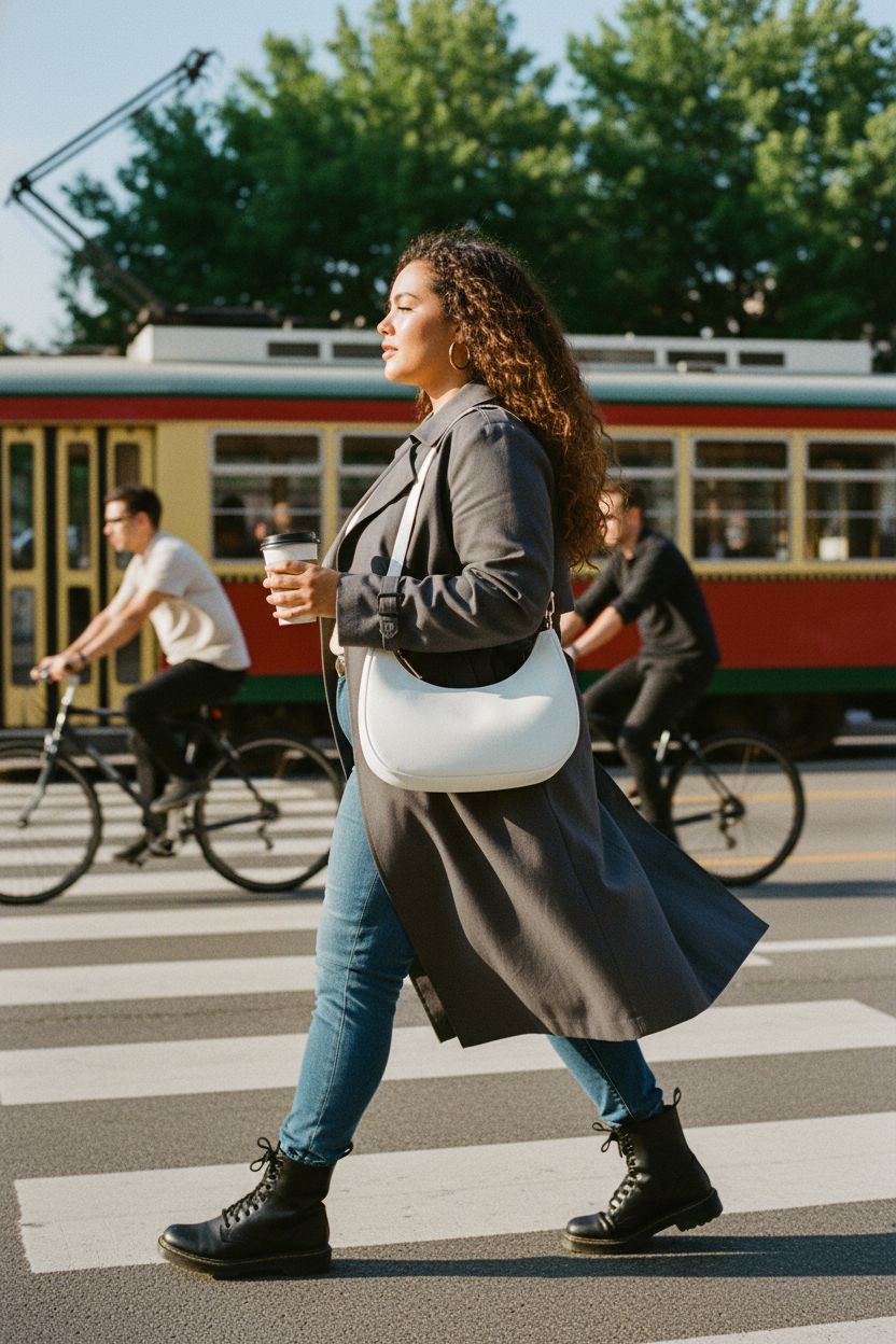 Lightweight white shoulder bag by SYXLCYGJ, worn crossbody in a sunlit café, ideal for coffee runs.