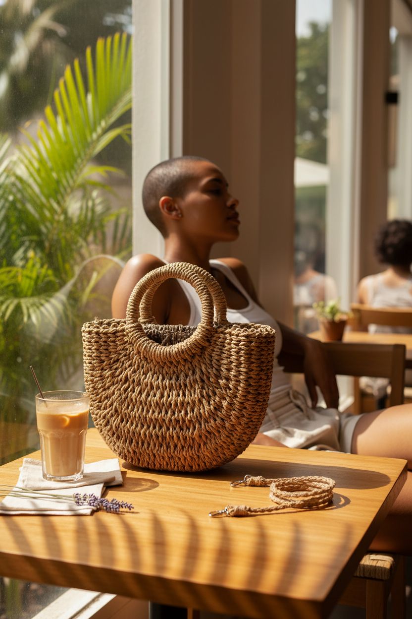 FENBEN wicker purse resting on a café table near iced coffee and lavender