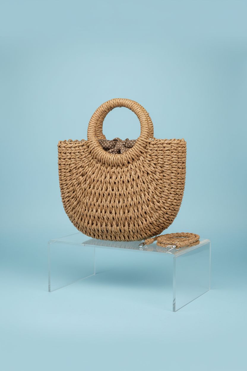 FENBEN brown straw bag on a blue backdrop, showcasing its elegant design