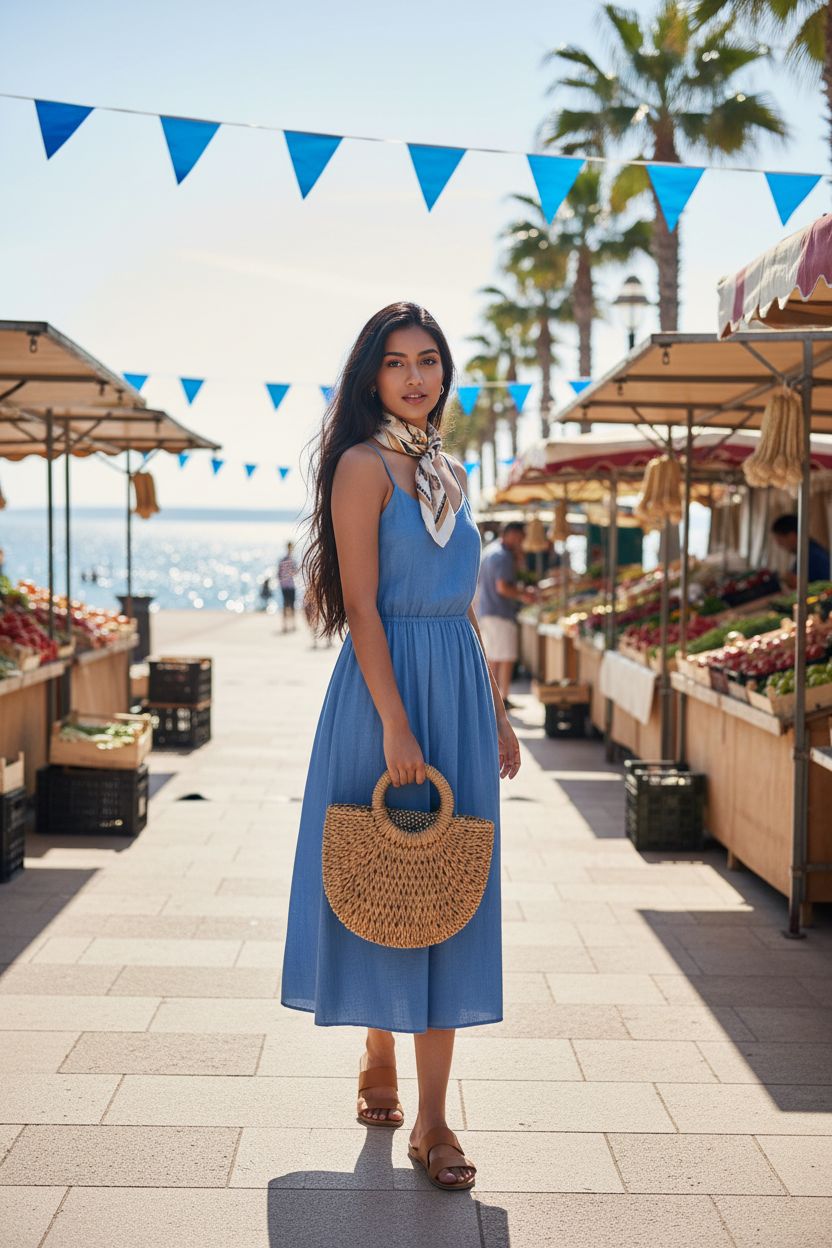 FENBEN straw bag with circular handles at a sunny market with palm trees