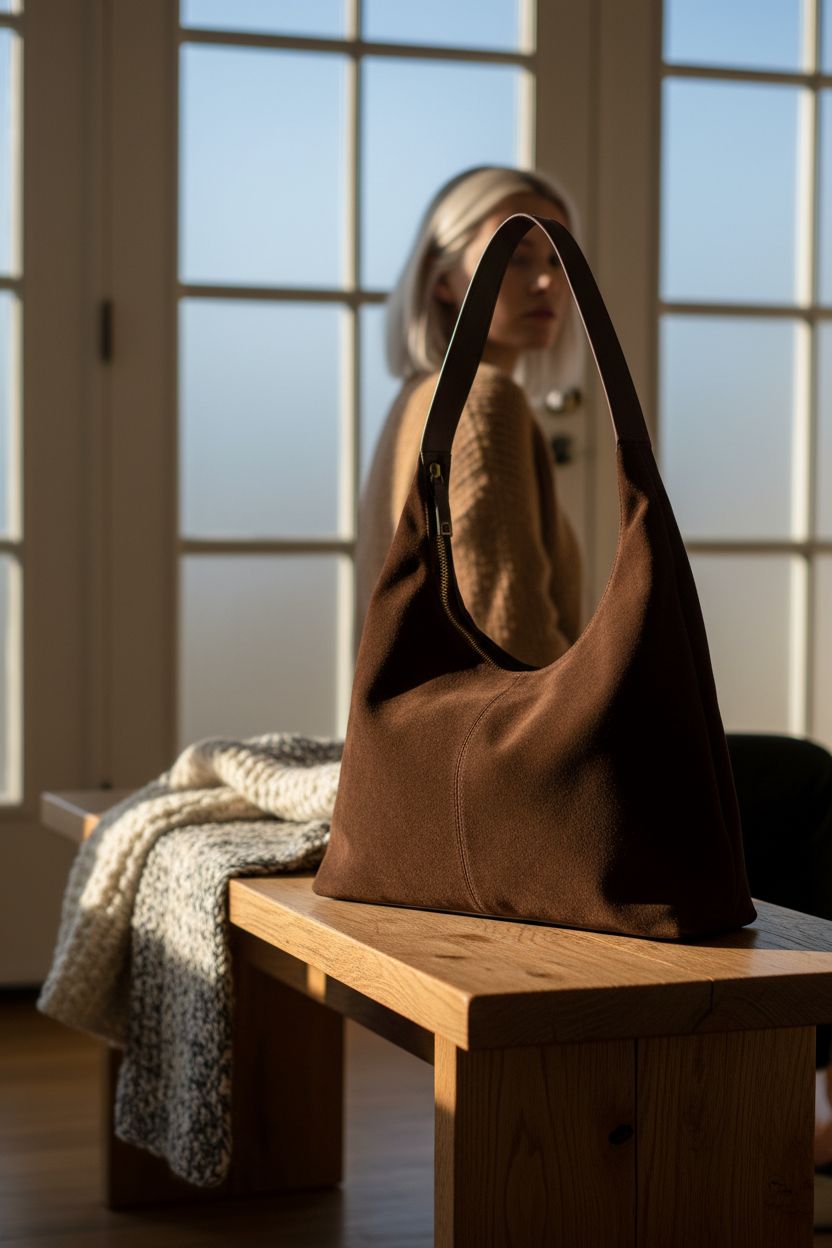 Jusavie suede crescent bag beside a knit scarf in a warm winter entryway.