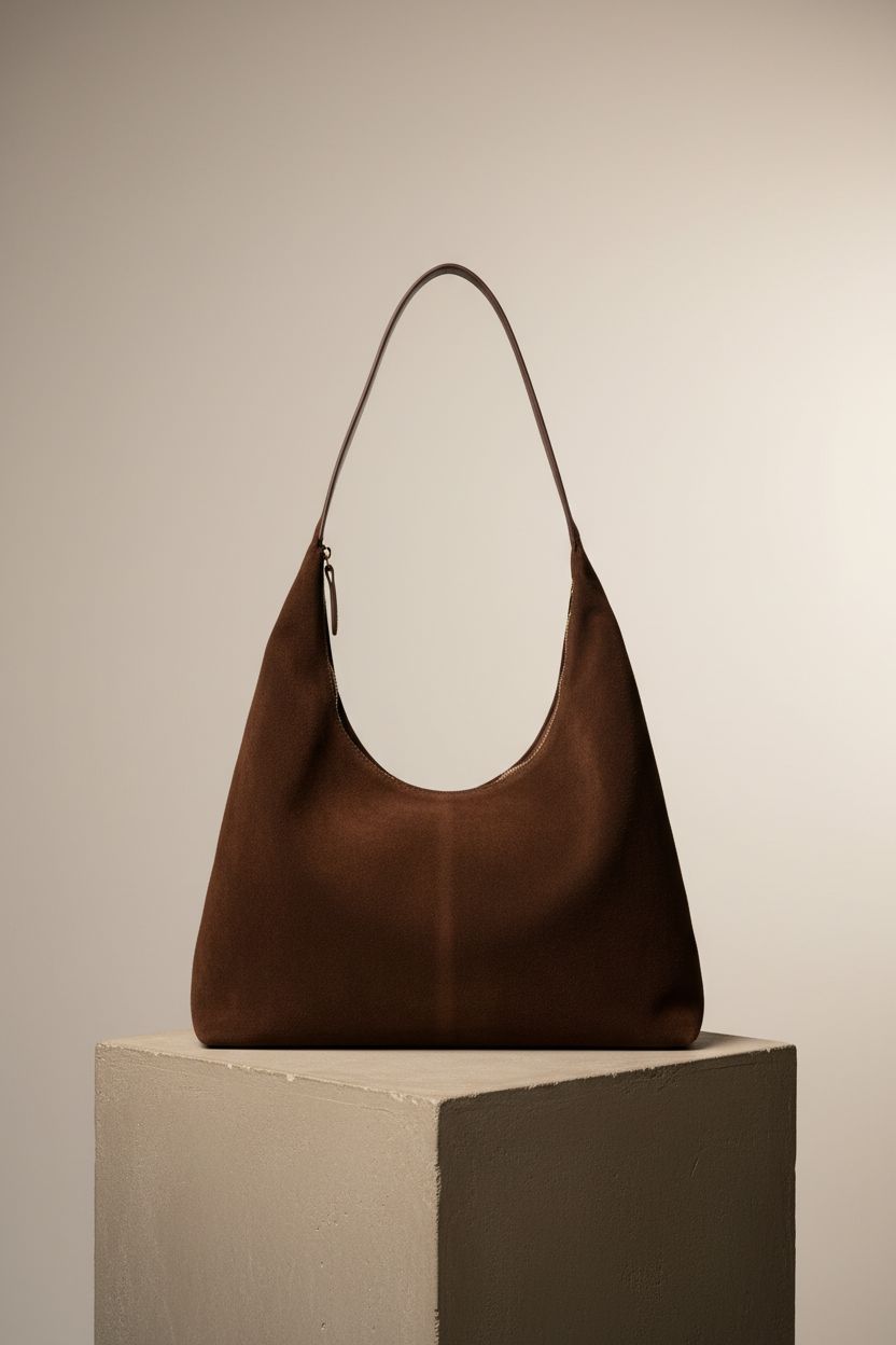 Close-up of Jusavie suede crescent bag showcasing craftsmanship and design.