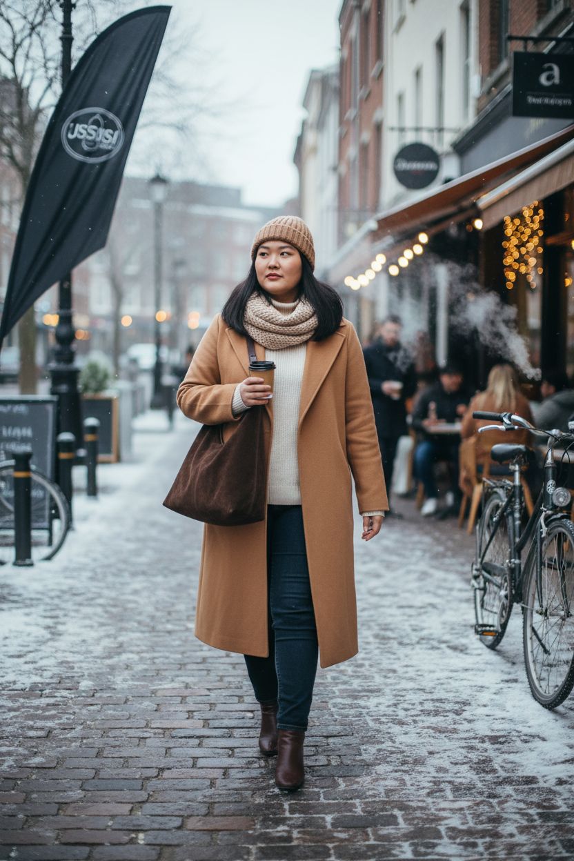 Trendy Jusavie suede crescent shoulder bag on a frosty street, perfect winter purse.