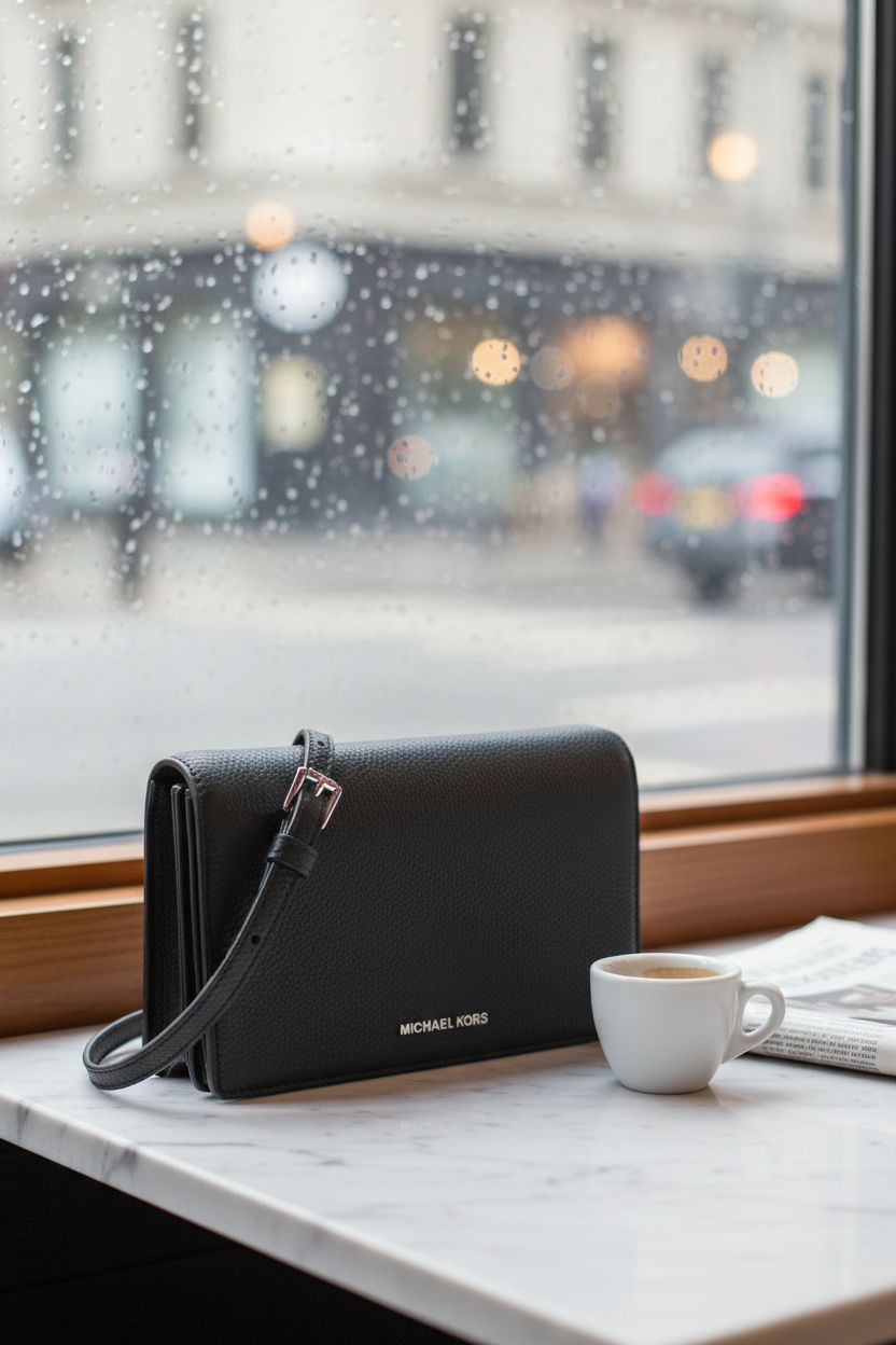 Michael Kors Jet Set Crossbody Bag next to coffee on a marble table in a cozy café ambiance.