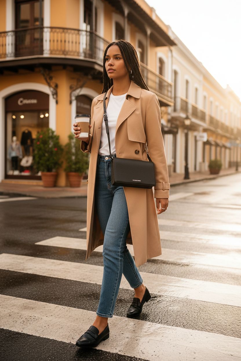 Michael Kors Jet Set Medium Flap Crossbody Bag in black leather, styled with a trench coat and jeans.
