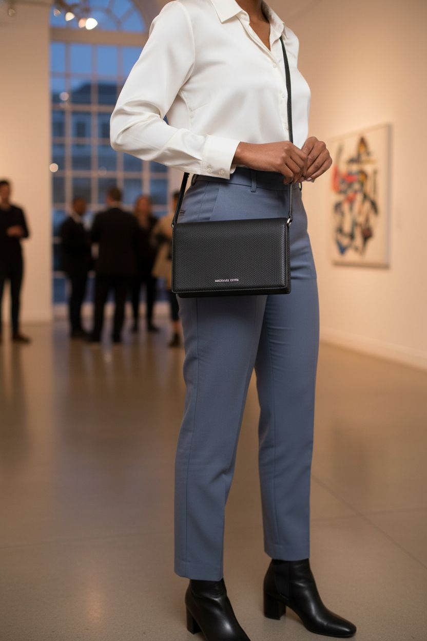 Close-up of Michael Kors Black Pebbled Leather Crossbody with silver-tone hardware in art gallery setting.