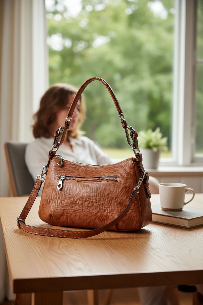 S-ZONE cognac hobo leather shoulder bag resting on oak table next to a mug and book in cozy reading nook.