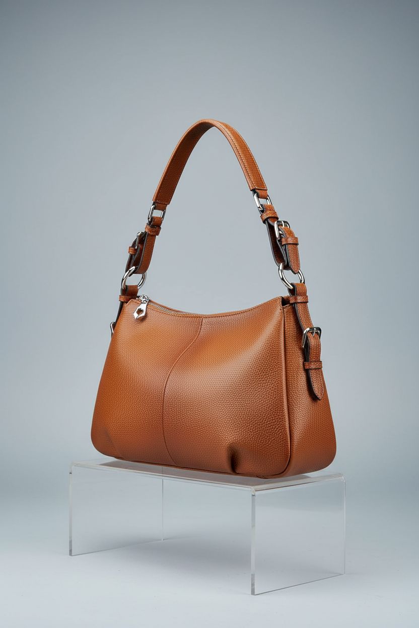 S-ZONE cognac hobo leather shoulder bag displayed on acrylic riser highlighting its elegant design and grain.