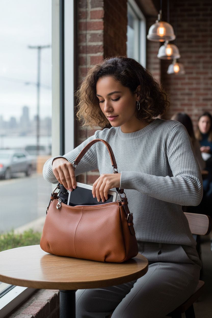 S-ZONE cognac hobo leather shoulder bag on table at café showcasing its stylish design and texture.