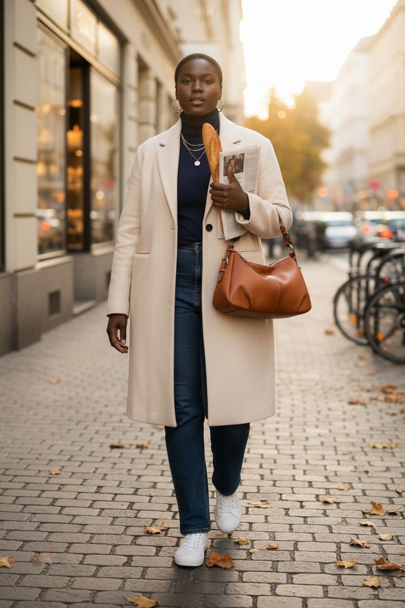 S-ZONE cognac hobo leather shoulder bag swinging from shoulder against cream coat on cobblestone street.