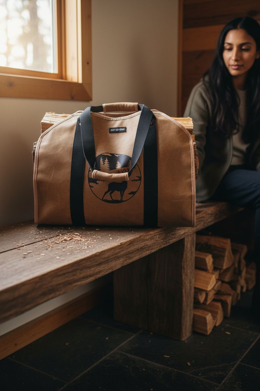 ART-GIFTREE wood carrier resting in a cozy mudroom, ready for the next firewood trip with rustic charm.